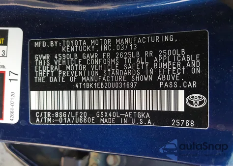 2013 Toyota Avalon Xle Premium z USA, uszkodzony, nr VIN 4T1BK1EB2DU031697